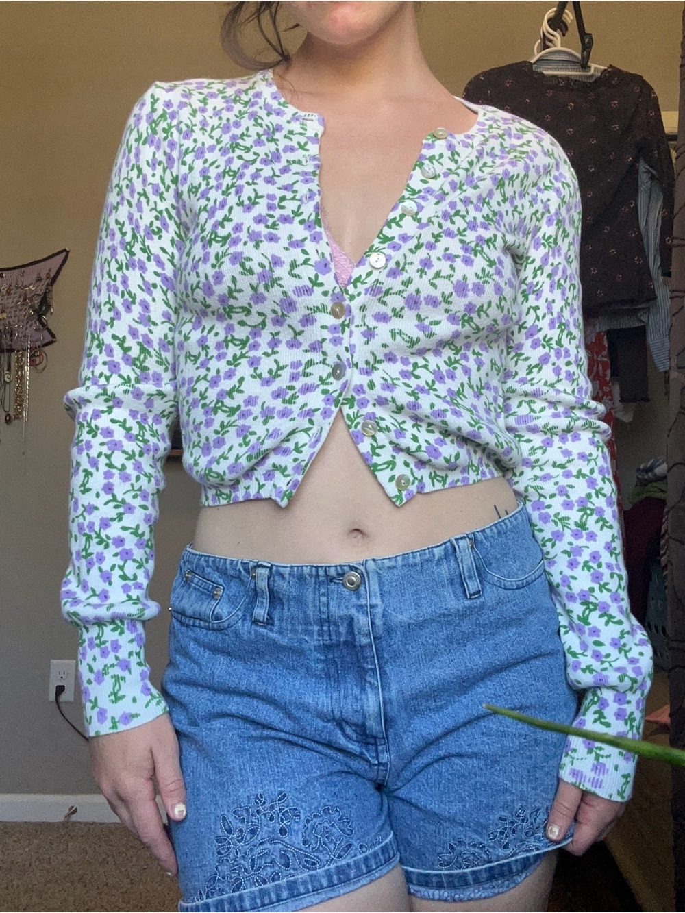 Zara Floral Button-Front Cropped Long-sleeve Cardigan - Lavender, White, Green